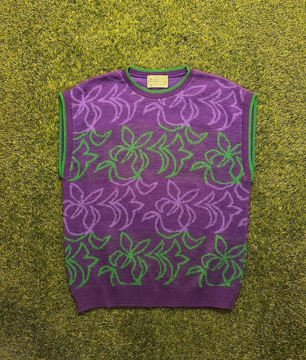 Vintage 1980s Miss Pendleton Sweater Vest Size L Purple Green Floral Wool Vintag